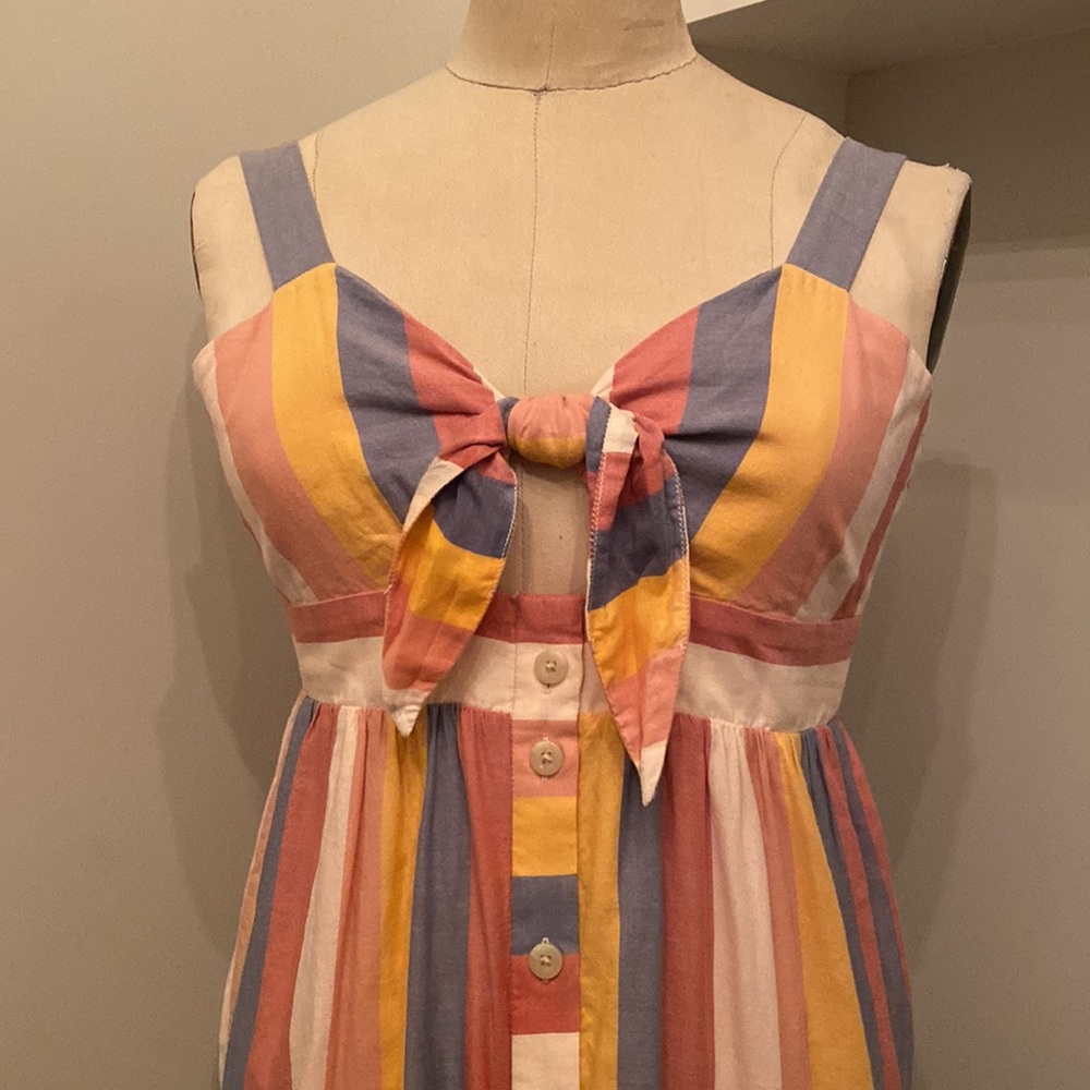 Madewell Tie Front Cut Out Dress Pink Sherbert Stripe Sundress Button Front 00 - Picture 2 of 7